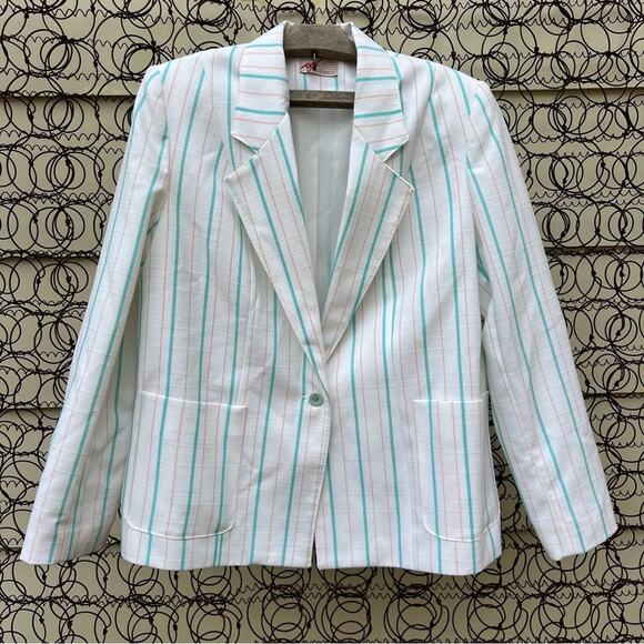 Vintage 80s GW originals white teal peach plaid stripe single button boxy blazer - Picture 1 of 6